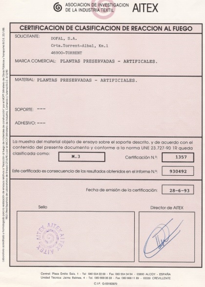 Сертификат пожаростойкости на производство листьев в Испании